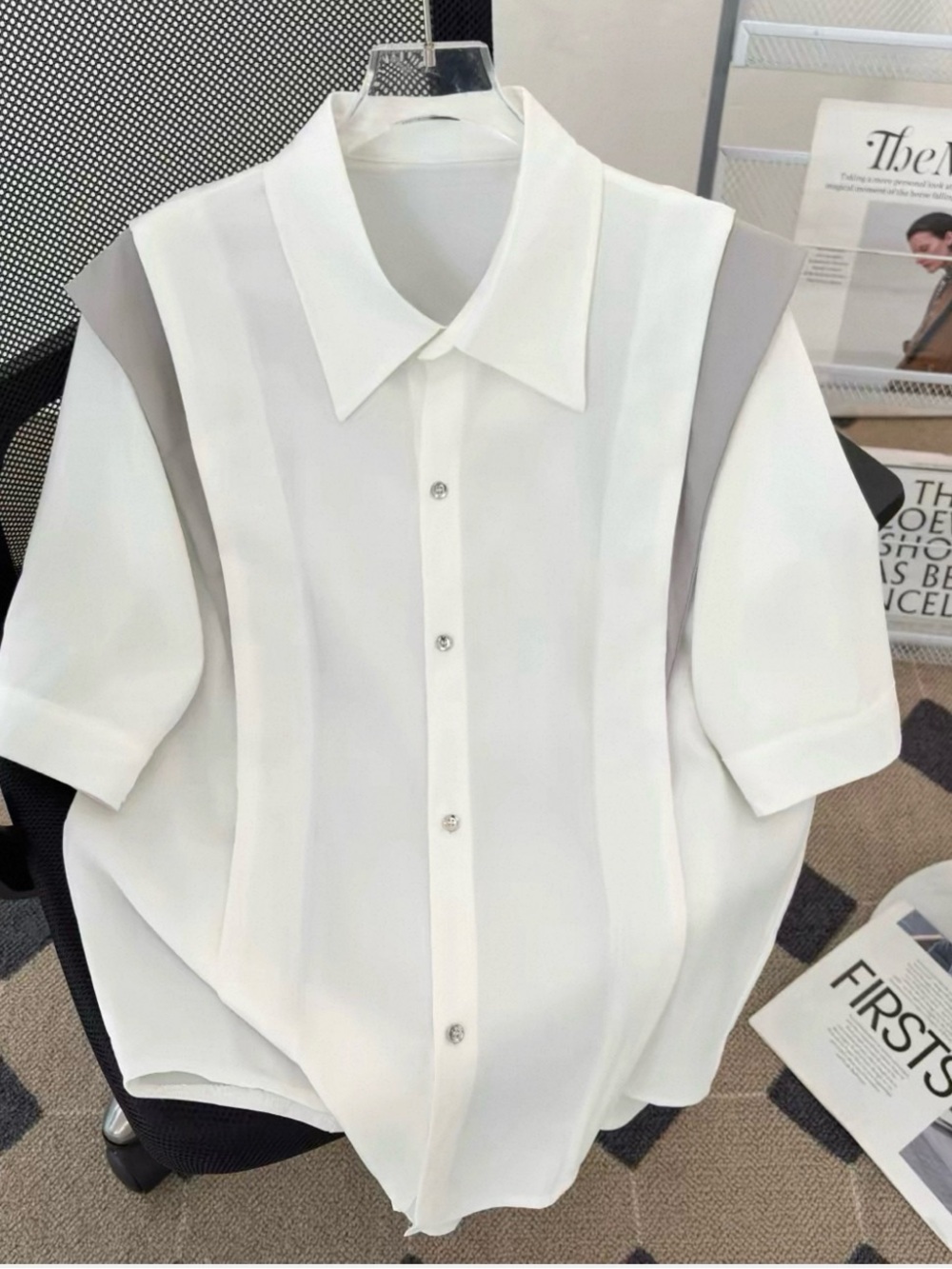 New defect Men’s White Gray Color Block Short Sleeve Button Up Shirt Casual Over